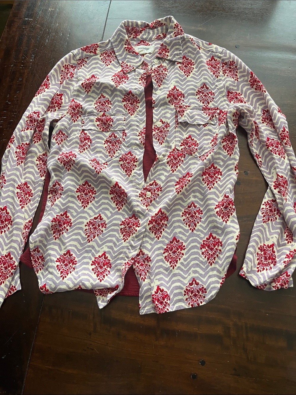 Women's Red Printed Button-Up Blouse with Chevron Accent